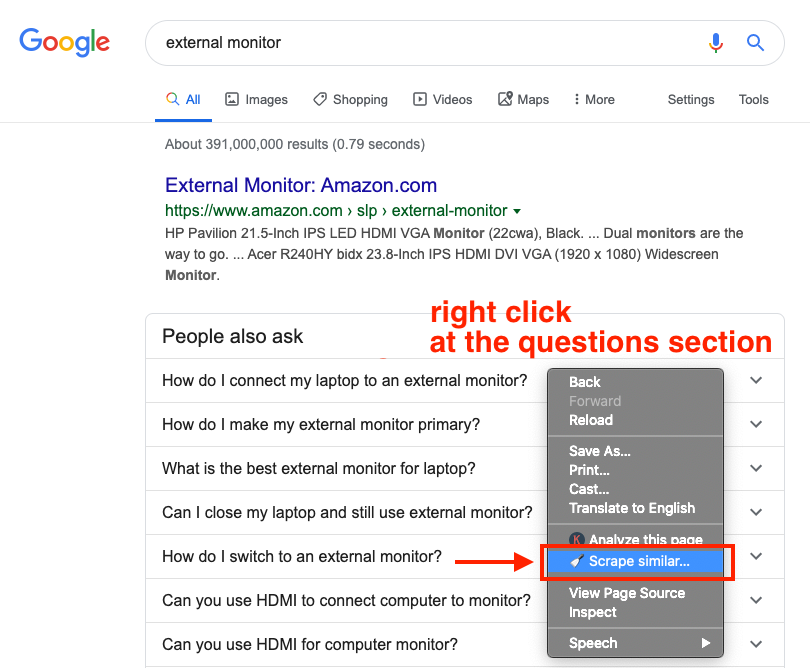 right click at the people also ask questions section